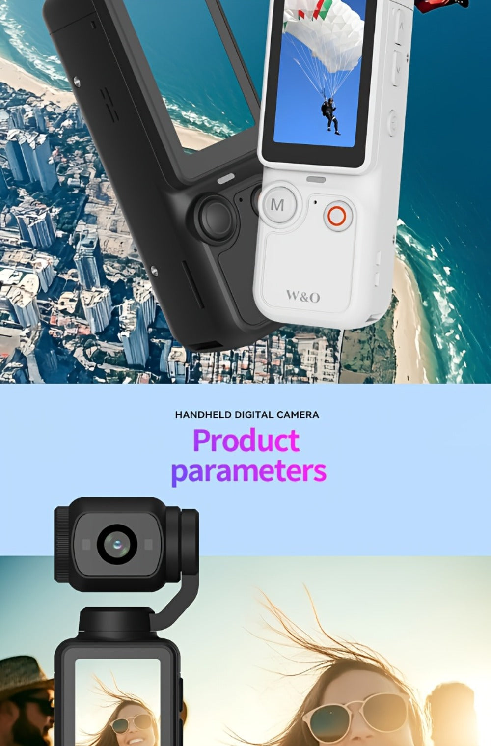 W&O Pocket Camera with Webcam Function, 1.9" Screen, 180° Rotating Shot, 2000mAh Battery, USB-C Charging