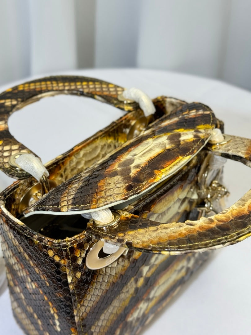 Dior Lady Dior Mini – Python Exotic Skin Brown Gold Tonal Silver Hardware DIOR Charm Chain Strap