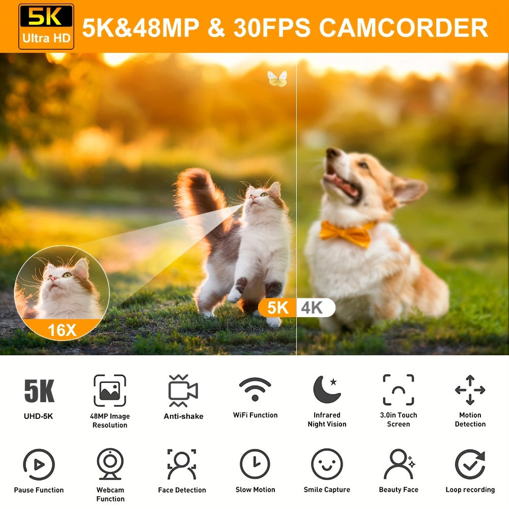5K 30FPS Vlog Camera 48MP UHD WiFi with 16x Digital Zoom, IR Night Vision for an Everyday Personal Care Routine