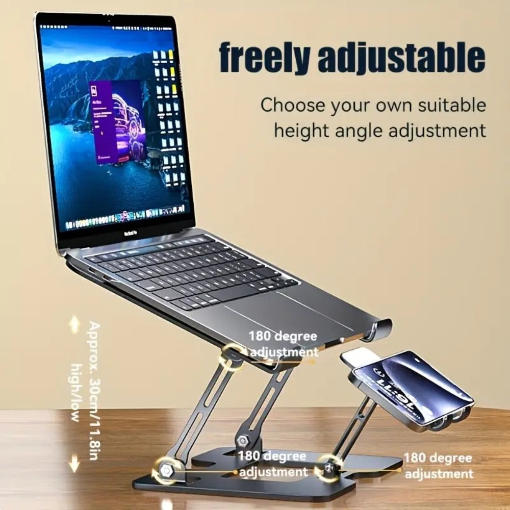 2-in-1 Laptop and Phone Stand with Adjustable Foldable Metal Frame in Silver or Black for Desk Use