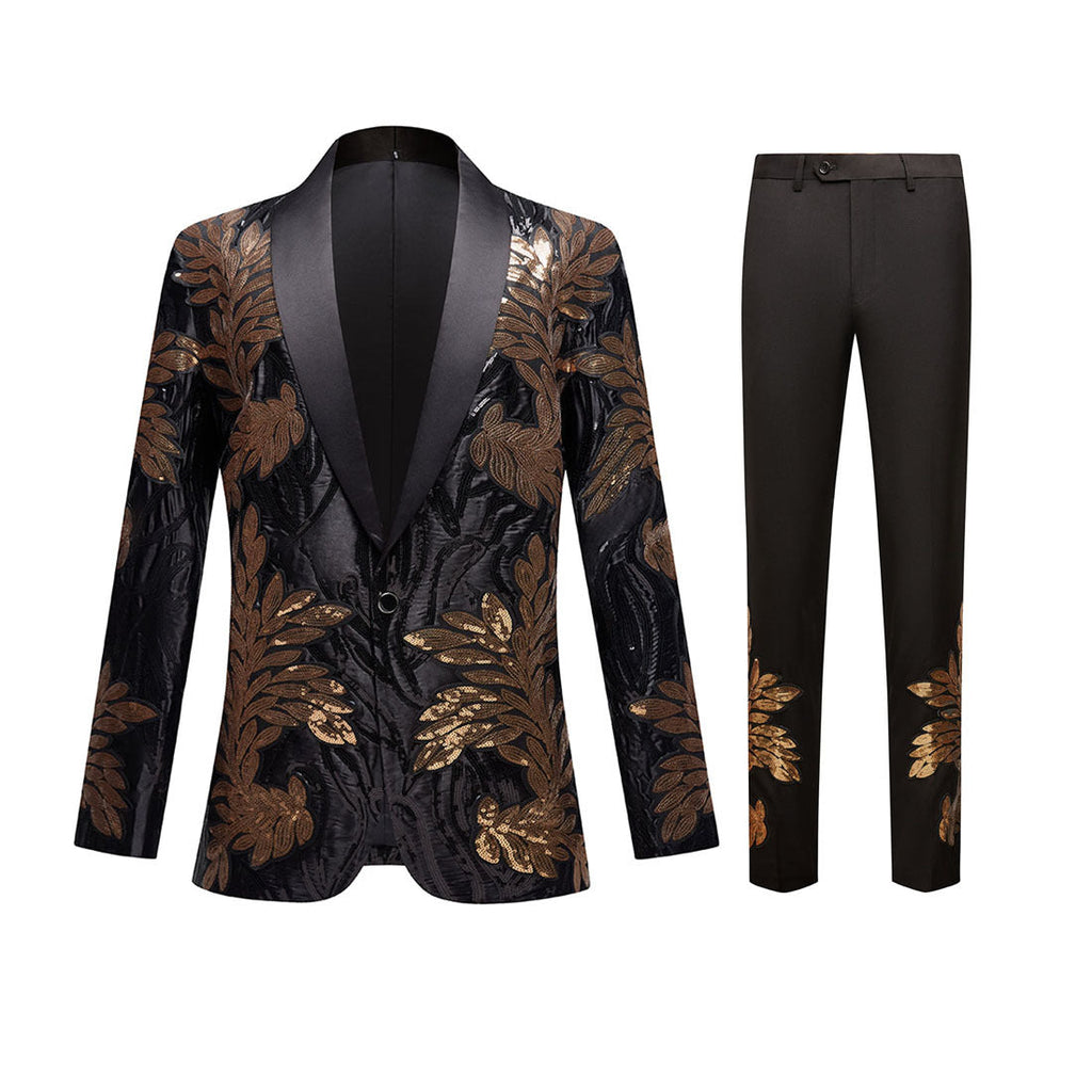 2-teiliger Slim-Fit-Smoking für Herren mit goldener Blätterstickerei und Pailletten
