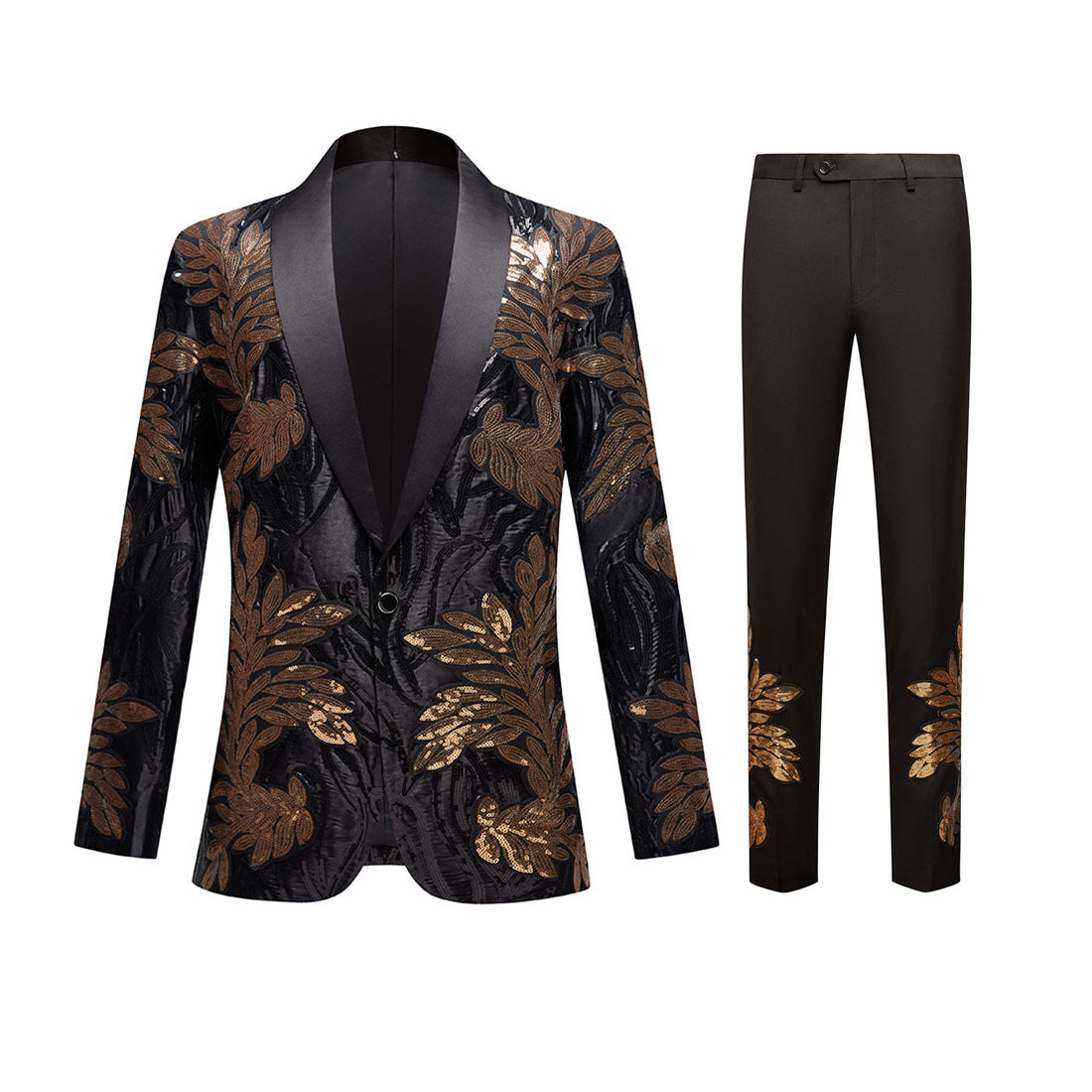 2-teiliger Slim-Fit-Smoking für Herren mit goldener Blätterstickerei und Pailletten