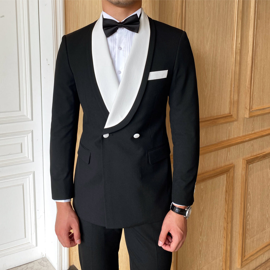 2-teiliger eleganter Herren-Smoking, Slim Fit, Weiß mit schwarzem Schalkragen