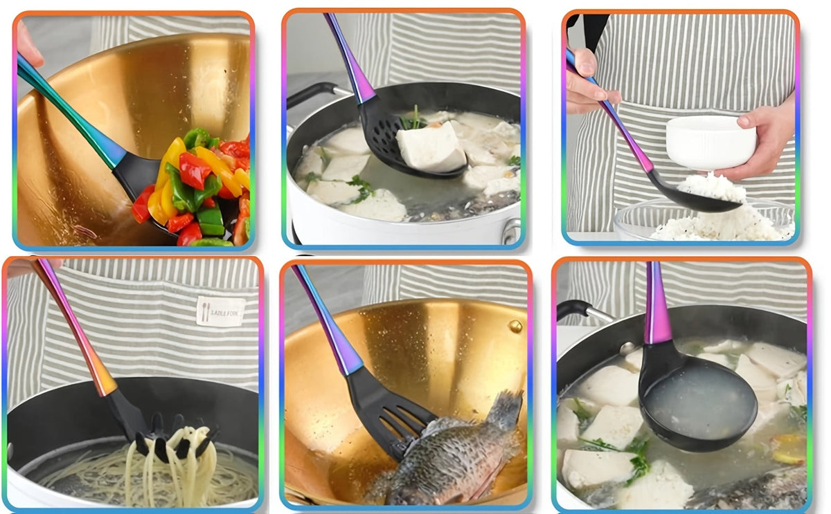 Silicone Cooking Utensils Set 17 Piece Rainbow Titanium with Rotating Holder - Heat Resistant Non-Stick Spatulas