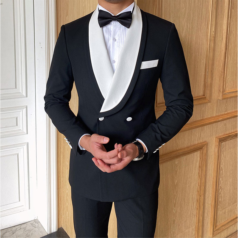 2-teiliger eleganter Herren-Smoking, Slim Fit, Weiß mit schwarzem Schalkragen