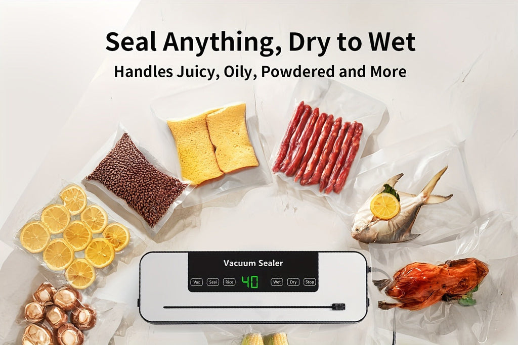 Countertop Vacuum Food Sealer with 65kPa Marking, Integrated Bag Cutter, Hose Port and 10 Bags