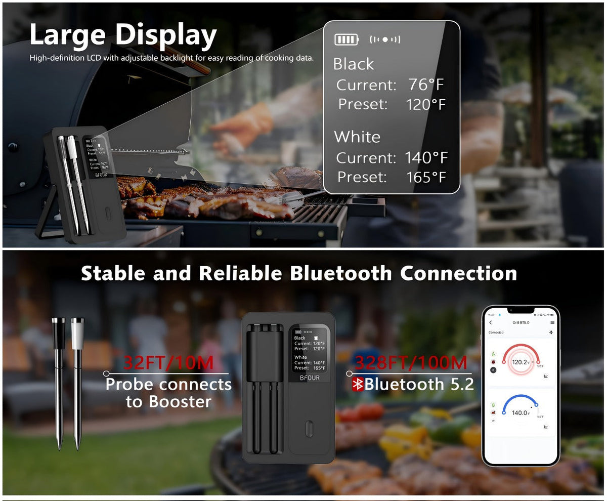 BFOUR BF-40 Wireless Cooking Thermometer with Dual Probes, App Display, Base Screen and USB Charging