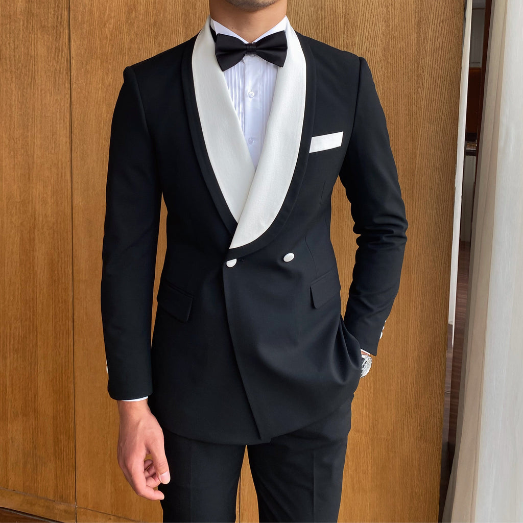 2-teiliger eleganter Herren-Smoking, Slim Fit, Weiß mit schwarzem Schalkragen
