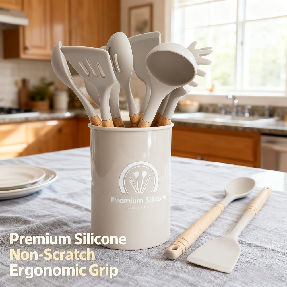 Silicone Kitchen Utensil Set 12PCS with Wooden Handle - Heat Resistant Non-Stick Safe for Home Cooking, Dining and Outdoor Meals