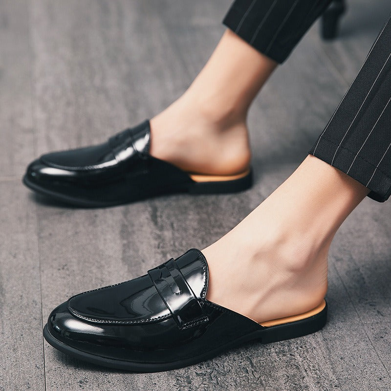 Half Shoes Men's Fashion Social Patent Leather Mules Slippers Casual Shoes