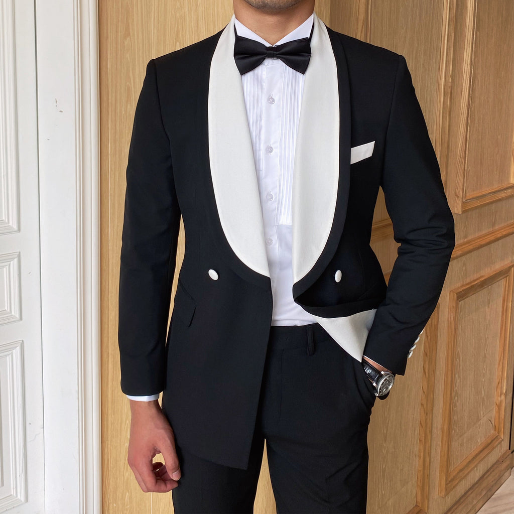 2-teiliger eleganter Herren-Smoking, Slim Fit, Weiß mit schwarzem Schalkragen