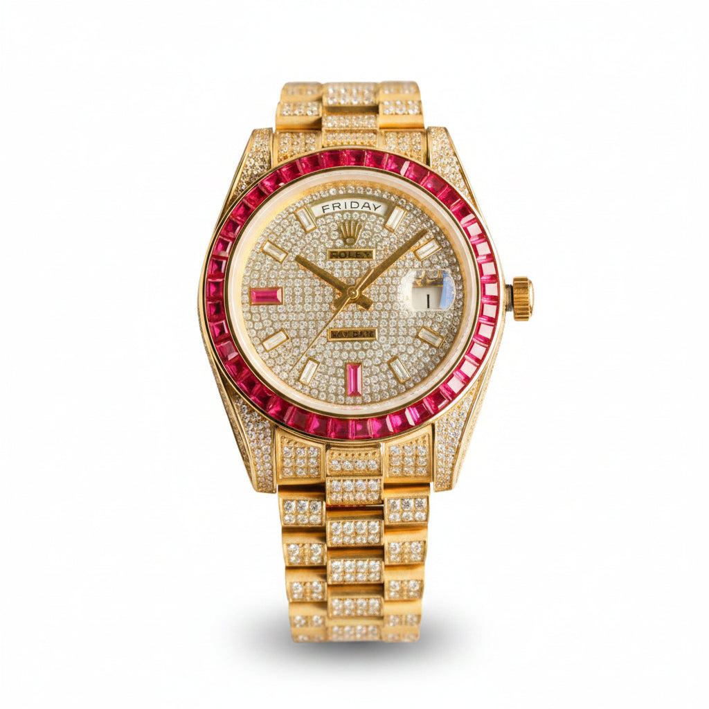 Rolex Day-Date Iced Out – Yellow Gold Diamond Pavé Dial Ruby Baguette Bezel President Bracelet