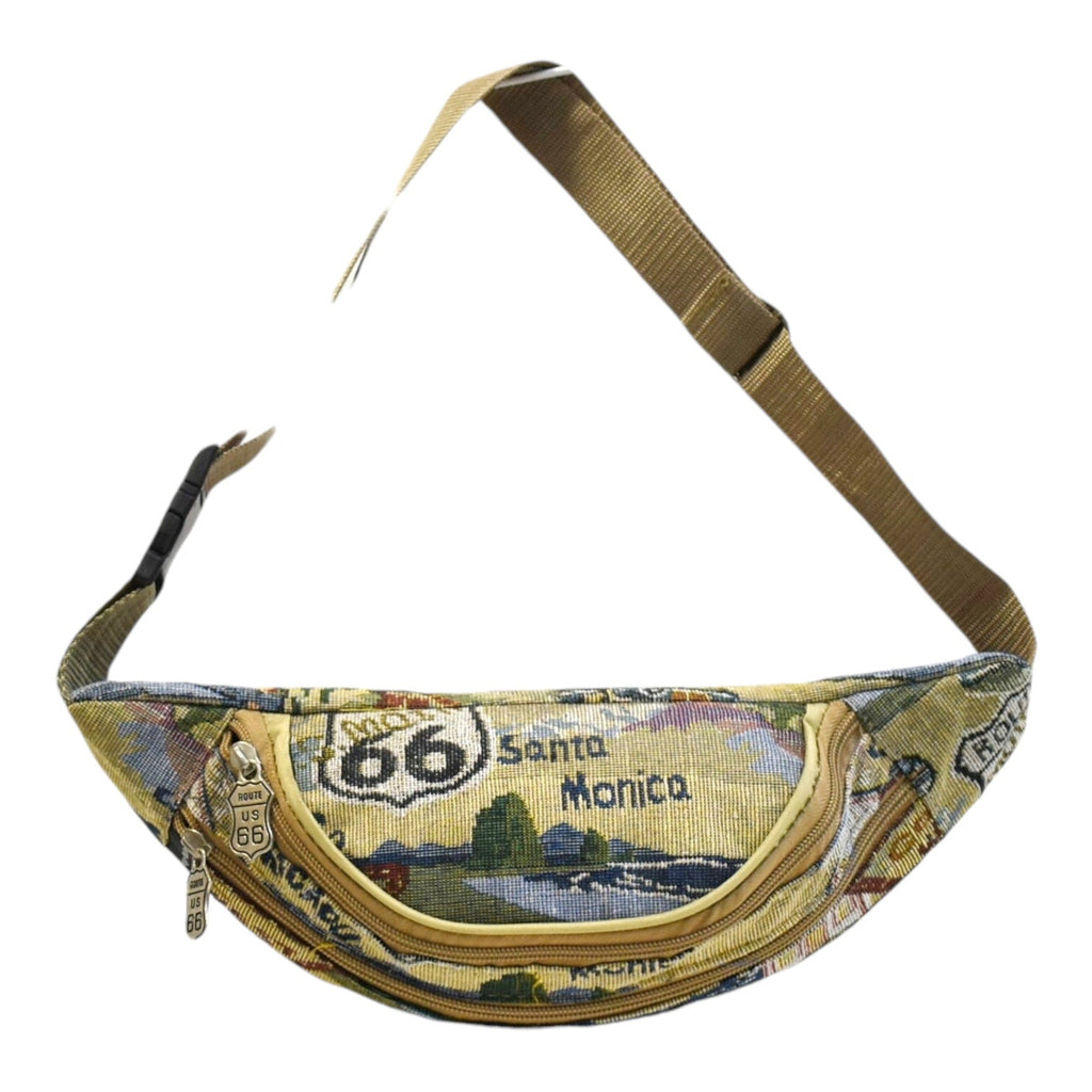 Route 66 Tapestry Canvas Waist Bag with Front Zipper Pocket and Adjustable Multi-Way Strap