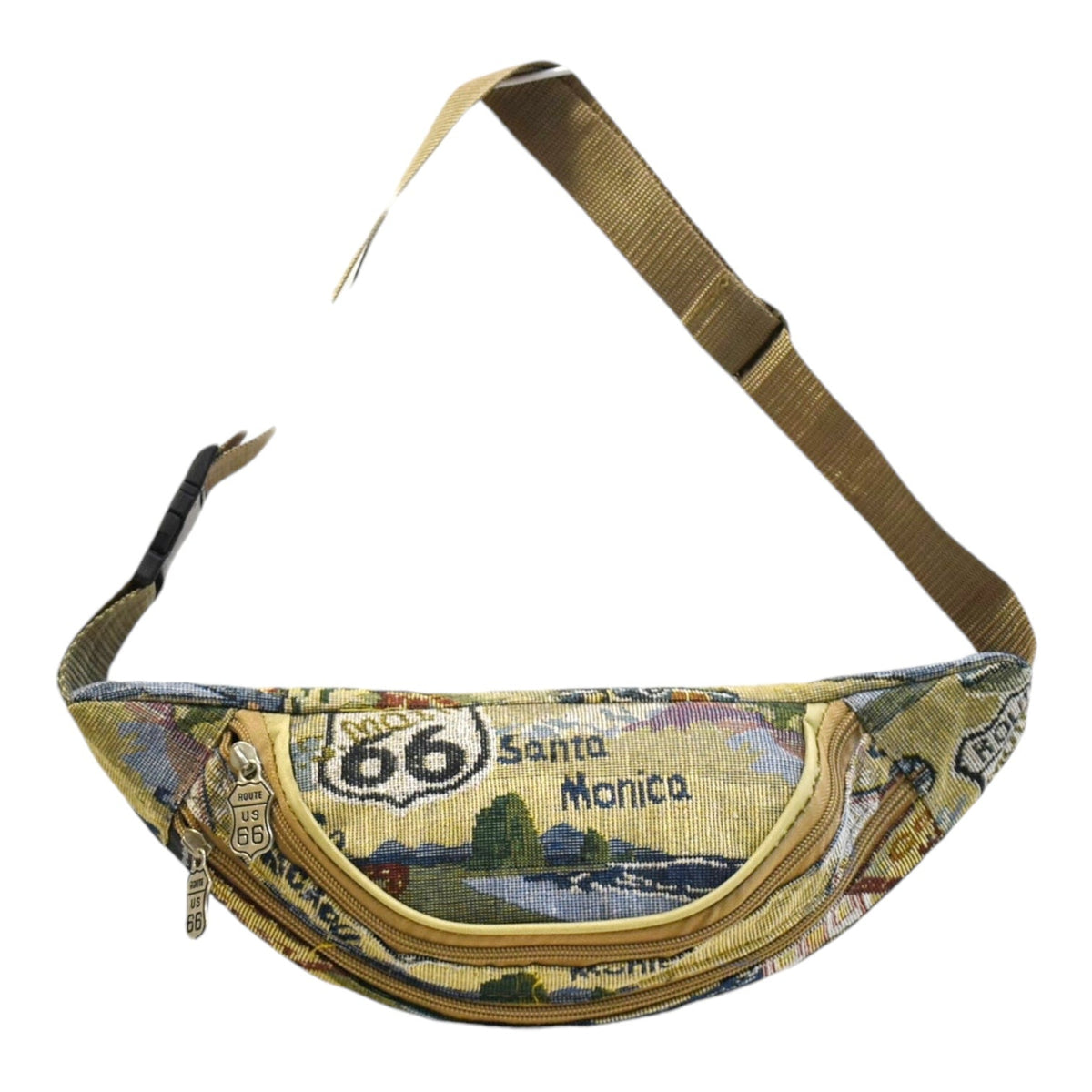 Route 66 Tapestry Canvas Waist Bag with Front Zipper Pocket and Adjustable Multi-Way Strap
