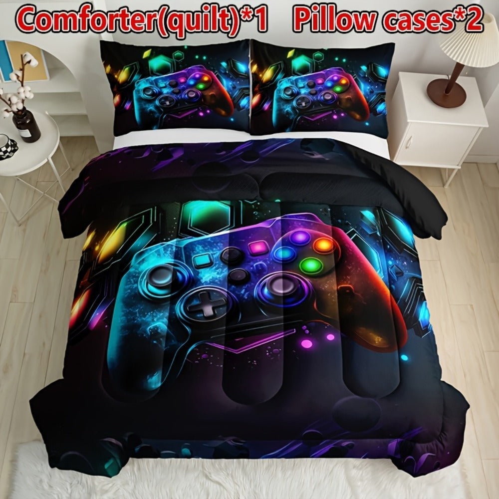 Gaming Controller Print Comforter Set with Two Pillowcases, 180 GSM Fill and Twin, Full, Queen or King Sizes