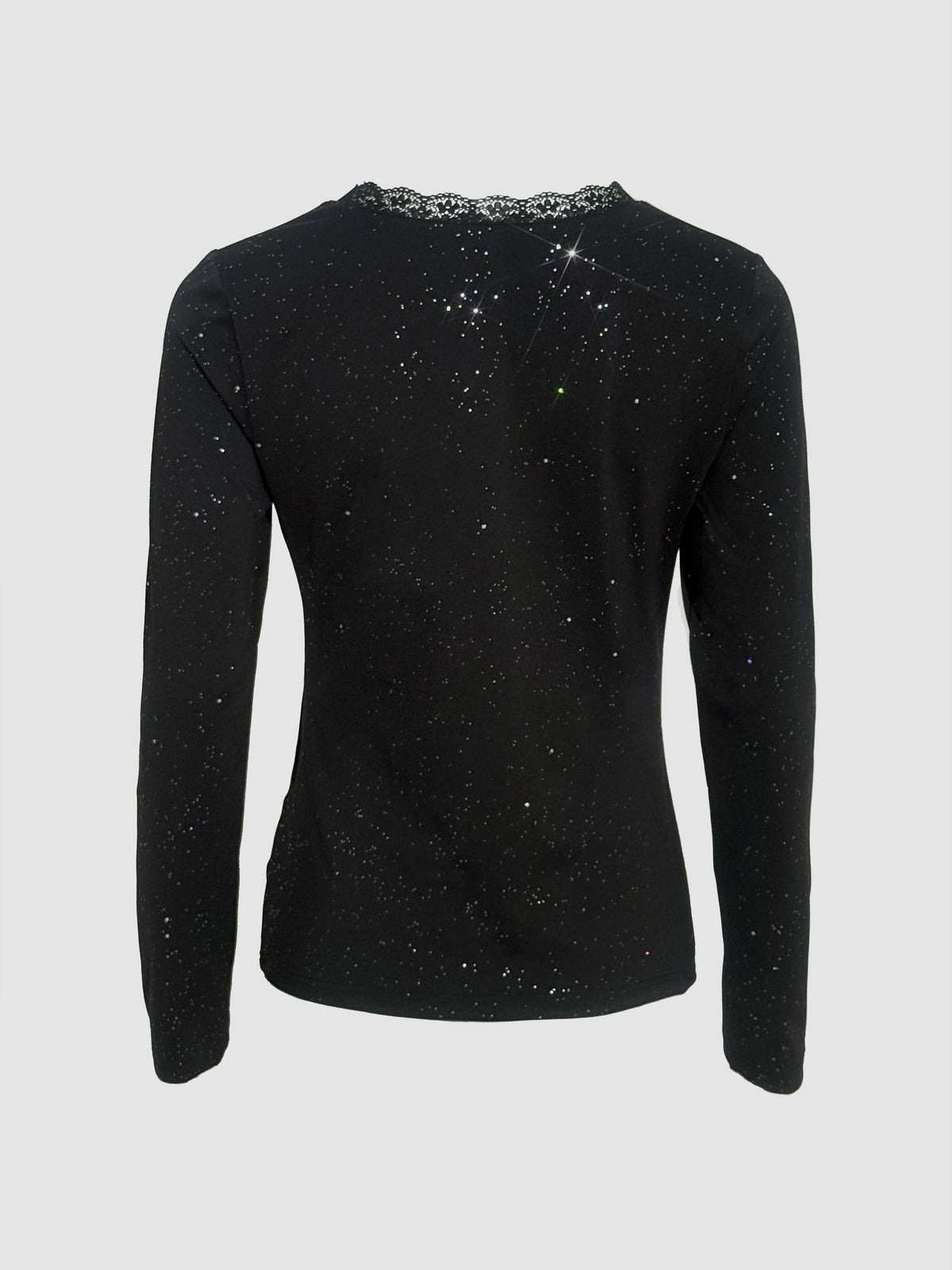 Women's Sparkle Glitter V Neck Long Sleeve Top Ruched Lace Trim Tee
