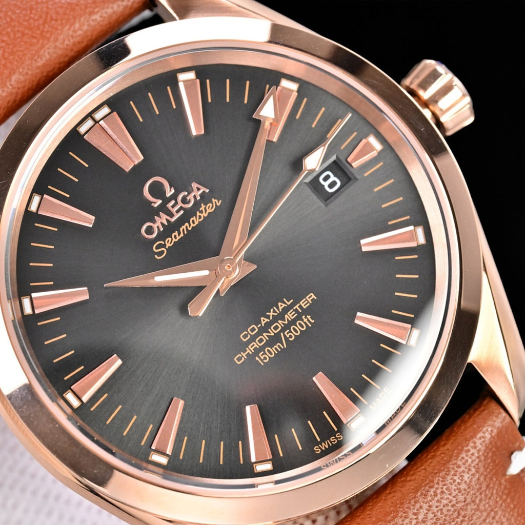 Omega Seamaster Aqua Terra – Rose Gold Black Sunburst Dial Rose Gold Indices Arrow Hands Date Tan Leather Strap