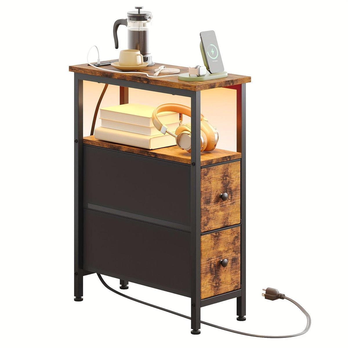 Nightstand Slim One or Two Fabric Drawers with Charging Station, LED Light and Single or Two-Pack Choice