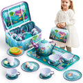 Mermaid Tea Party Set for Girls 21pcs, Tin Teapot, 4 Cups, Saucers, Plates & Carrying Case, Pretend Play Kitchen Toy for Toddlers
