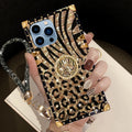 Phone Case Leopard Print Rectangular Cover with Ring Grip Kickstand for Select iPhone 12–16 Models