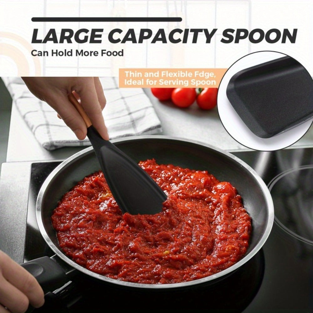 Silicone Cooking Spoon with Wooden Handle 12 Inch - Heat Resistant Nonstick Safe Kitchen Spoon for Cooking Serving Mixing Scraping