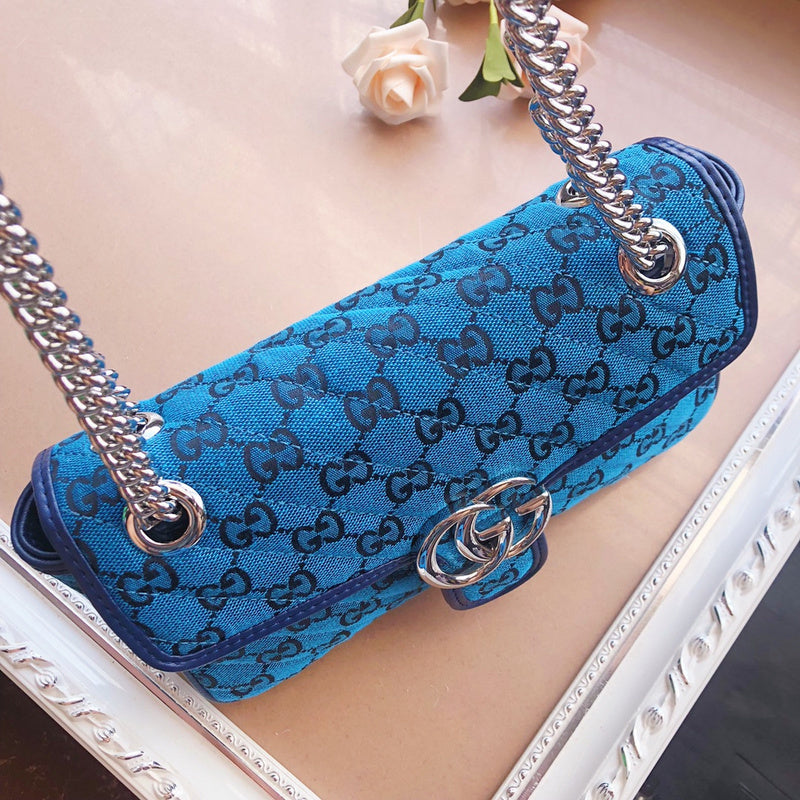 Gucci GG Marmont Small Shoulder Bag – Quilted GG Canvas Pink Purple & Green Navy