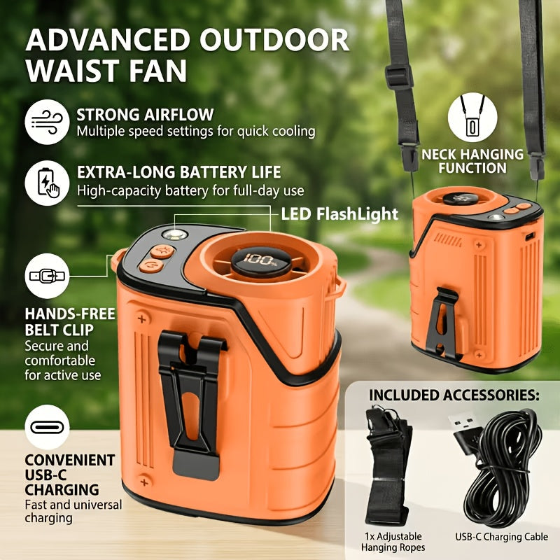 Outdoor Camping and Hiking: Portable Waist Fan with Flashlight and Power Bank for Sports EDC