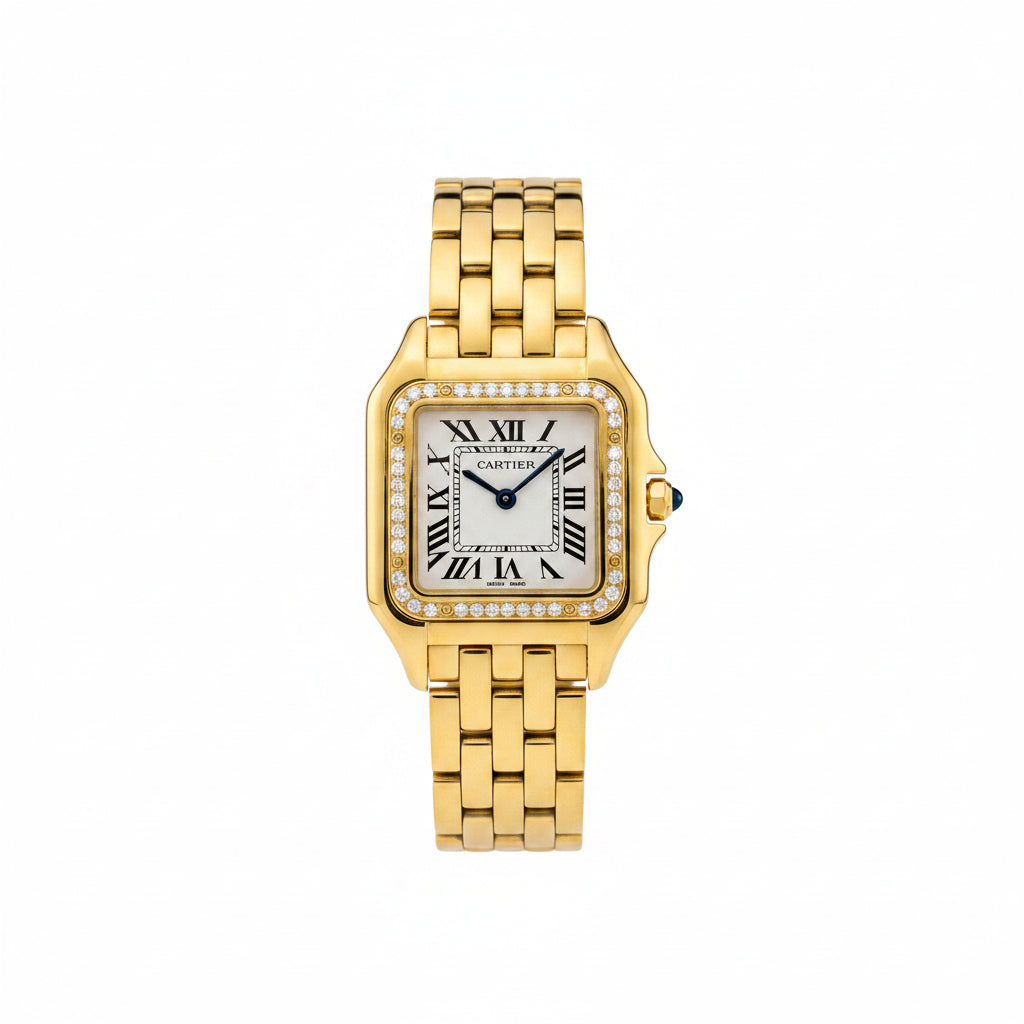 Cartier Panthère de Cartier – Yellow Gold Diamond Bezel White Roman Numeral Dial Blue Sword Hands Gold Panthère Bracelet