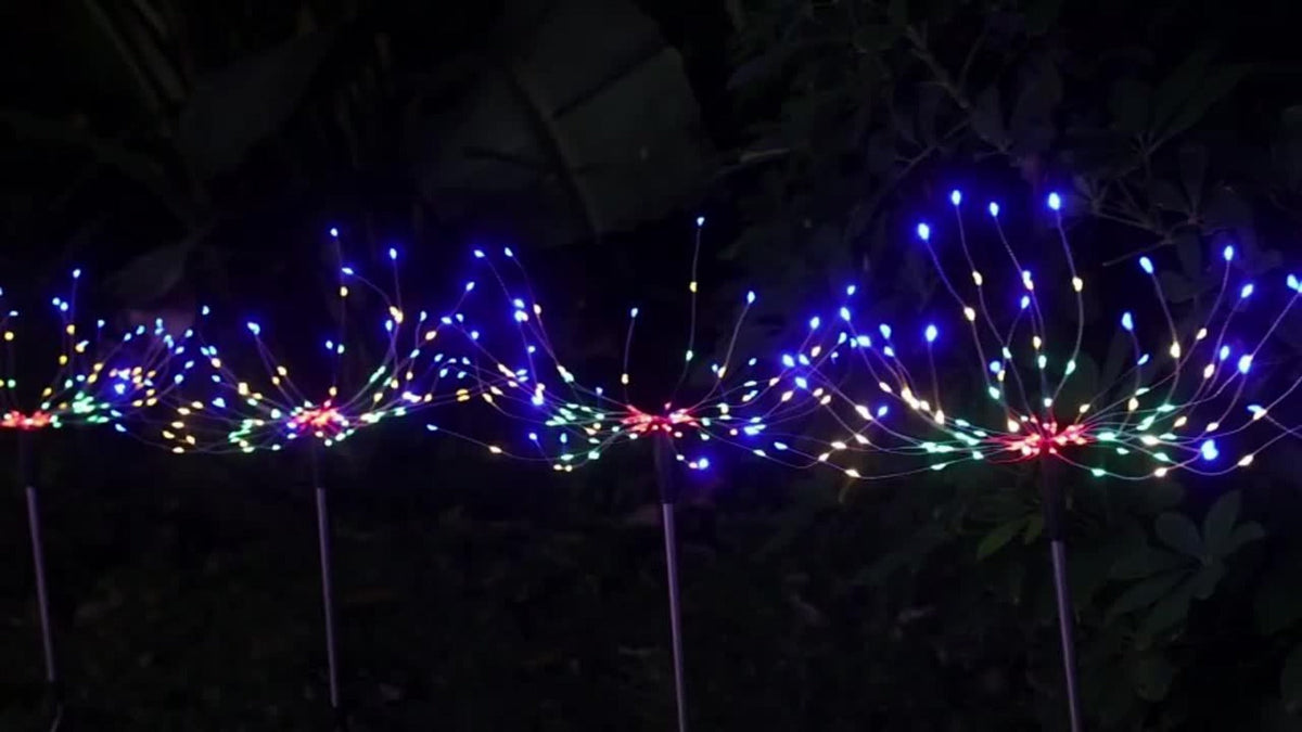 Solar Garden Lights, Four-Pack Firework-Style Outdoor Stakes with Eight Modes and Multicolor LEDs