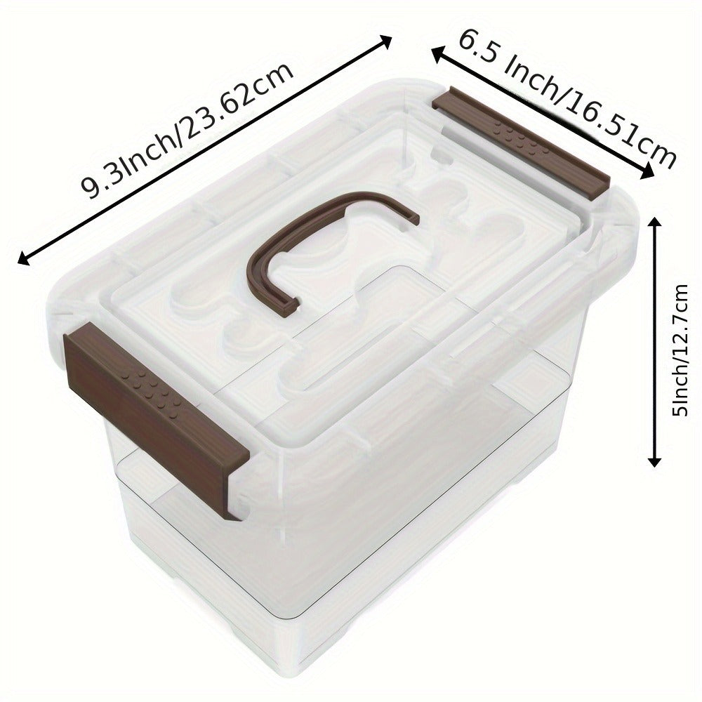 Storage Bins for Small-Item Organization, Six-Pack Clear Stackable Boxes with Brown Latches and Lid Handles