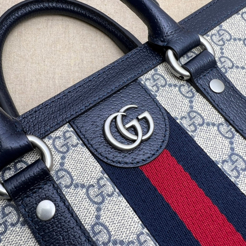 Gucci Ophidia GG Supreme Medium Tote Bag – Navy Leather Trim Web Stripe Silver GG