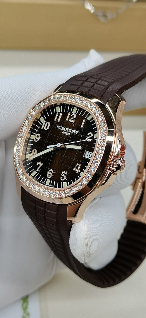 Patek Philippe Aquanaut Luce 5067 – Rose Gold Diamond Bezel Black Dial Arabic Numerals Date Brown Rubber Strap