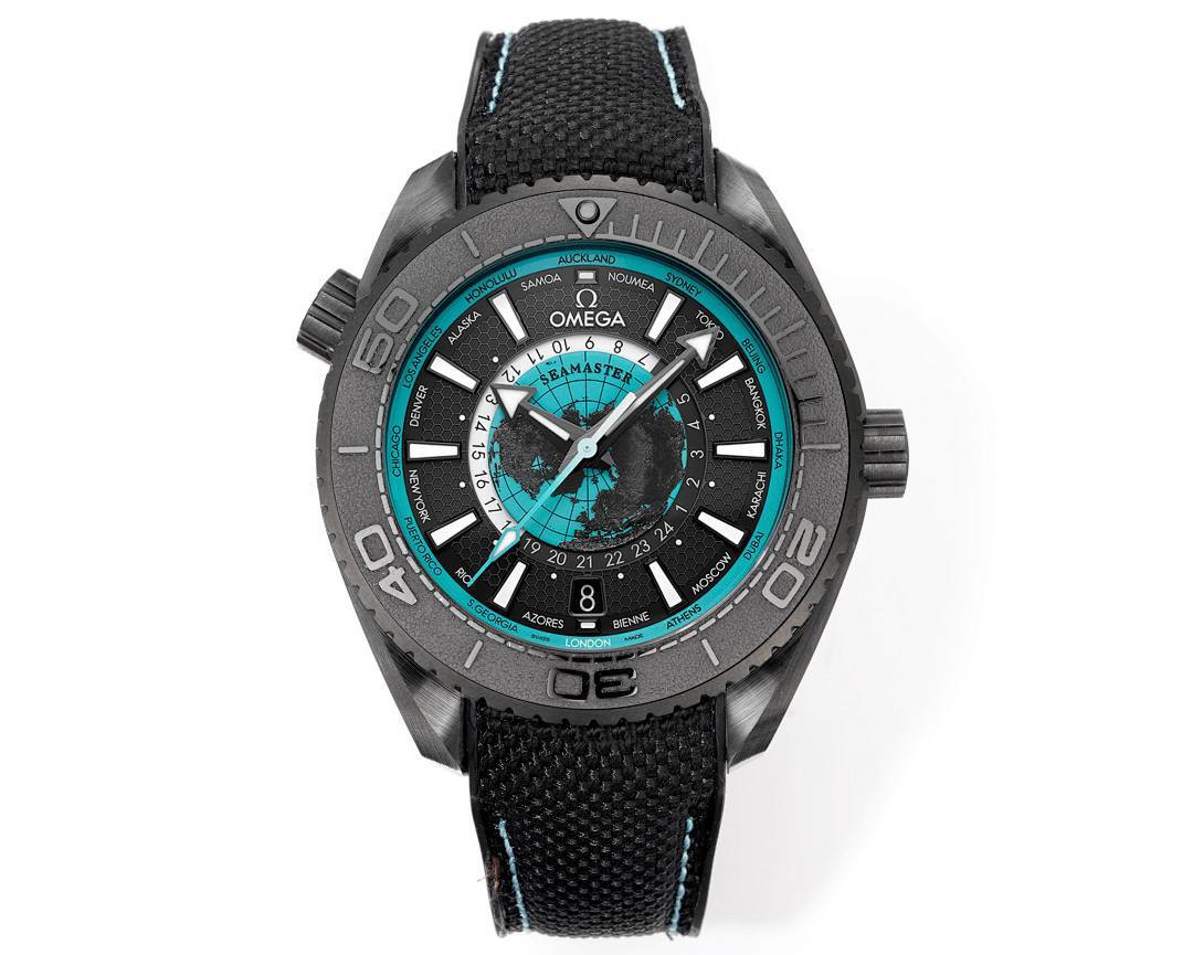 Omega Seamaster Planet Ocean Ultra Deep World Timer GMT – Black Ceramic Turquoise World Map Dial 24-City