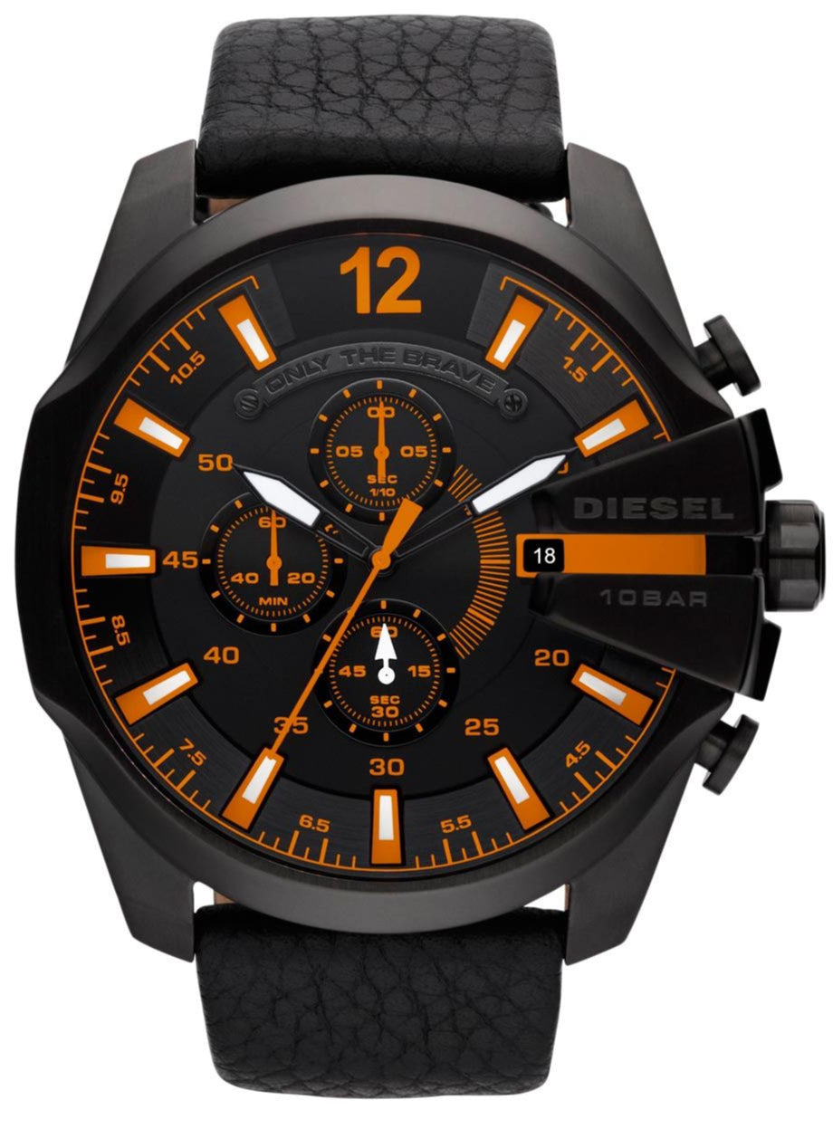 Diesel DZ4291 Mega Chief Chronograph Herrenuhr – Schwarzes Zifferblatt & schwarzes Lederarmband