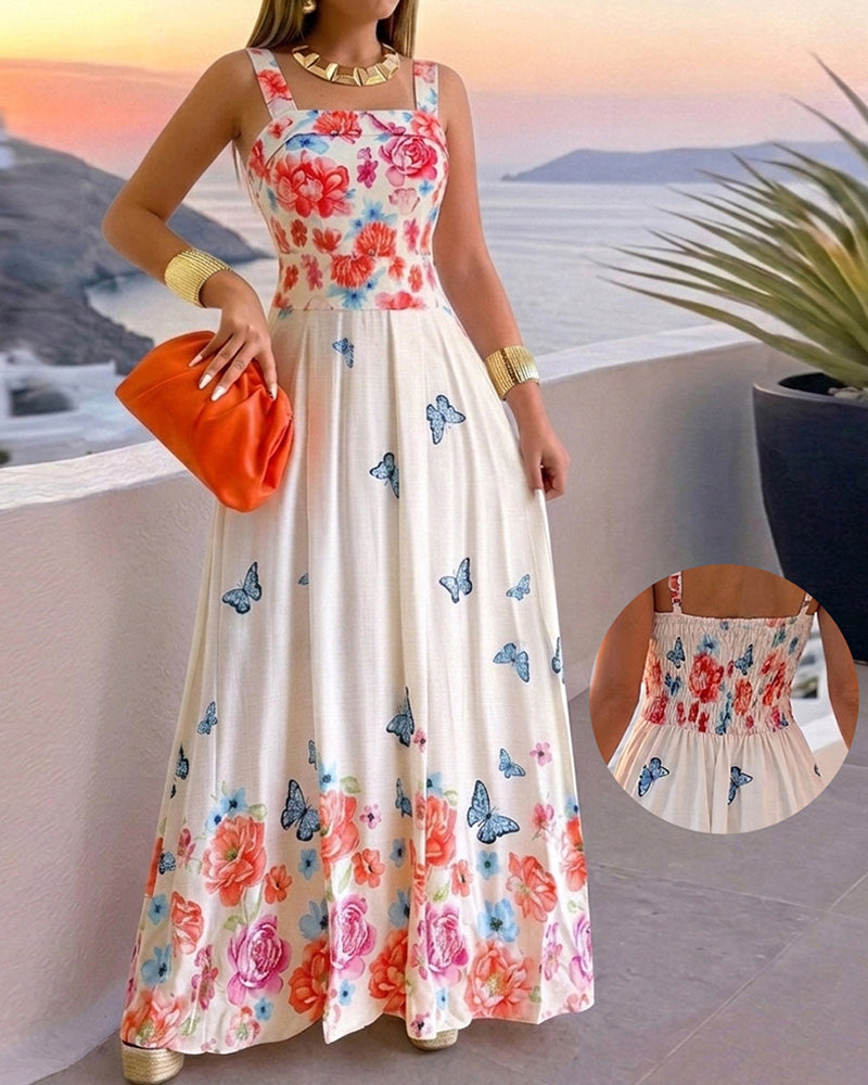 Damen-Maxikleid mit Blumen-Schmetterlings-Print, Camisole-Trägern, gesmoktem Rücken, ärmellos, für Urlaub, Freizeit und Strand