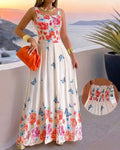 Damen-Maxikleid mit Blumen-Schmetterlings-Print, Camisole-Trägern, gesmoktem Rücken, ärmellos, für Urlaub, Freizeit und Strand