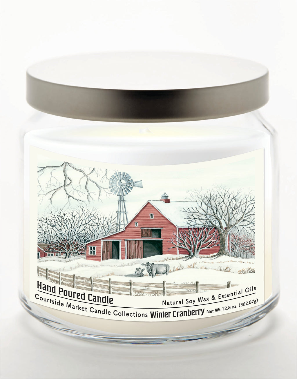 Winter Barn with Mill 12.8 Oz Candle Glass Jar with Brushed Silver Metal Lid