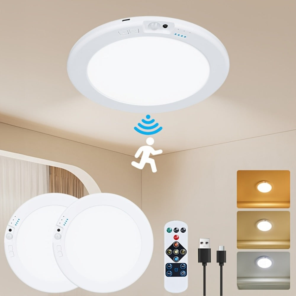 Wireless LED Ceiling Light with Motion Sensor 2 Pack - 5500mAh Rechargeable, Remote Control, 3 Brightness Modes