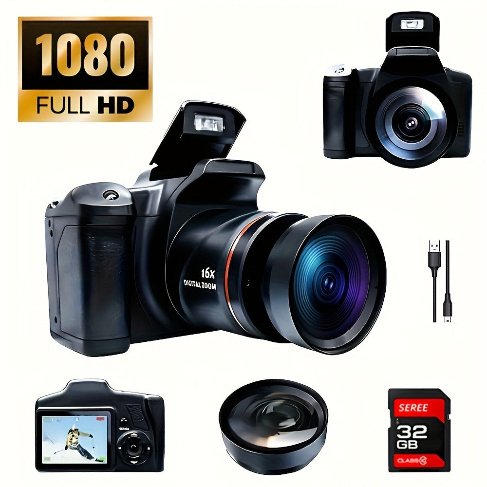 1080P Mini Digital Camera for Photography Vlogging 2.4" LCD 16x Zoom 9.88mm Wide-Angle Lens Compact Travel Camera with 32GB Memory Card Included Cool Gift