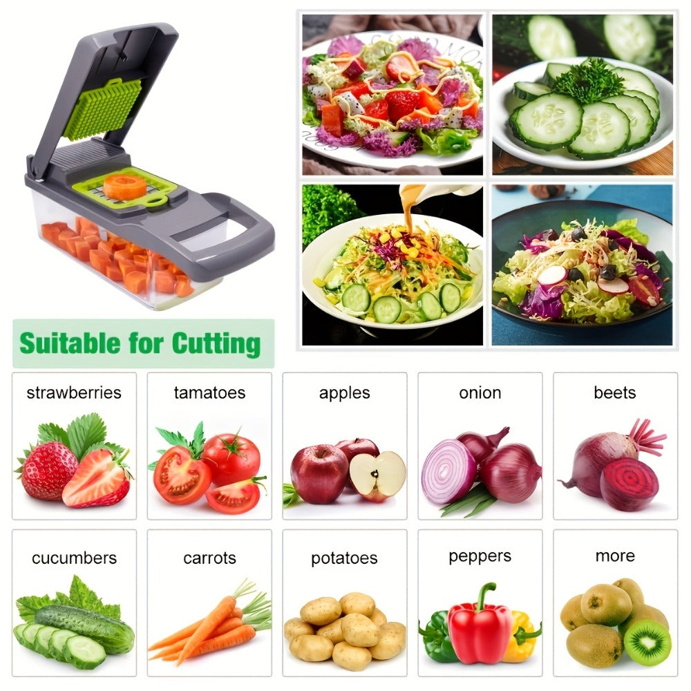 Vegetable Chopper 16-in-1 Manual Food Chopper Set, 8 Stainless Steel Blades, 304 Container, Peeler & Filter