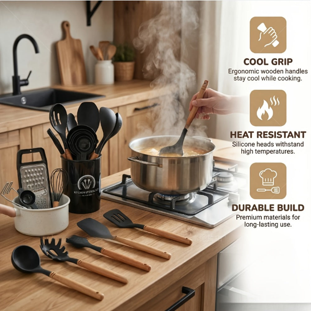 Silicone Kitchen Utensil Set 12PCS with Wooden Handle - Heat Resistant Non-Stick Safe for Home Cooking, Dining and Outdoor Meals