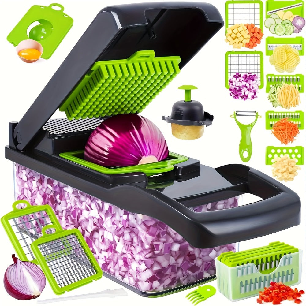 Vegetable Chopper 16-in-1 Manual Food Chopper Set, 8 Interchangeable Blades with Container, Grater & Strainer