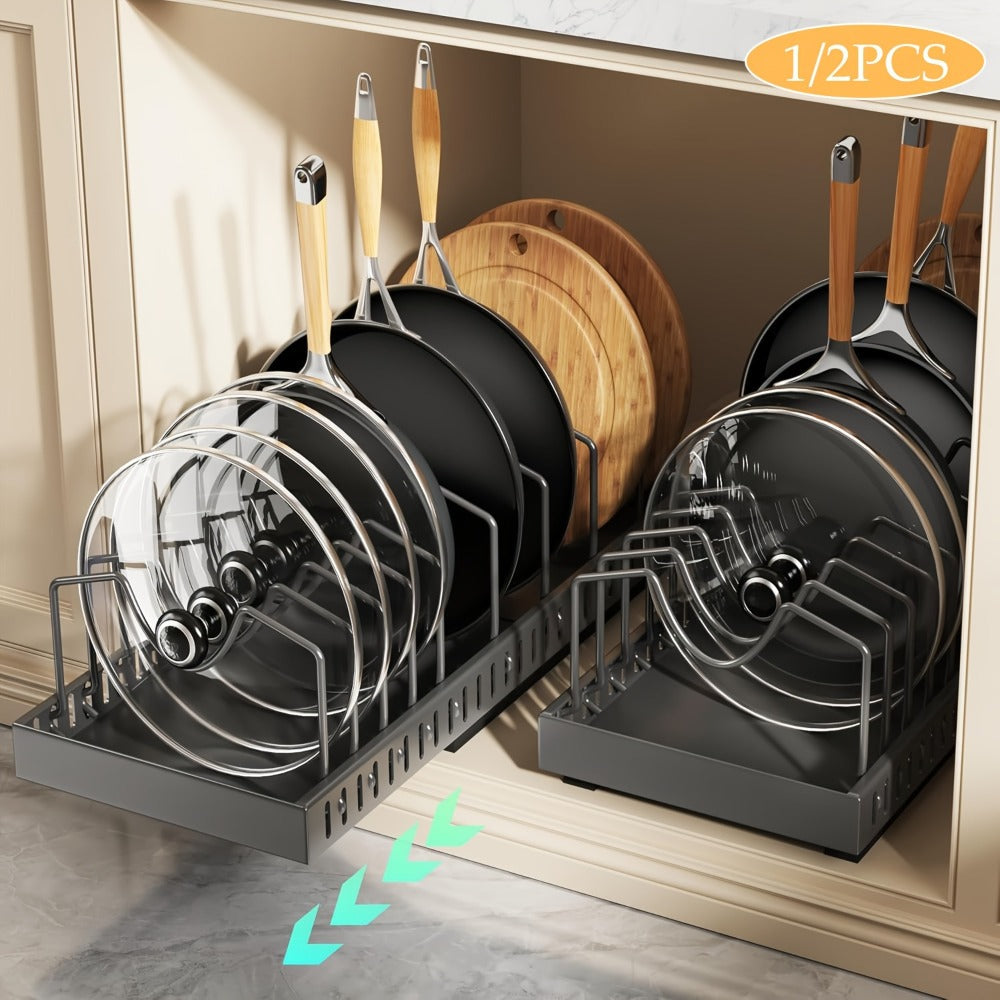 Pull-Out Pot and Pan Lid Rack Cabinet Sliding Storage Organizer - Kitchen Cabinet Slide-Out Box with 8/16 Adjustable Dividers for Lids
