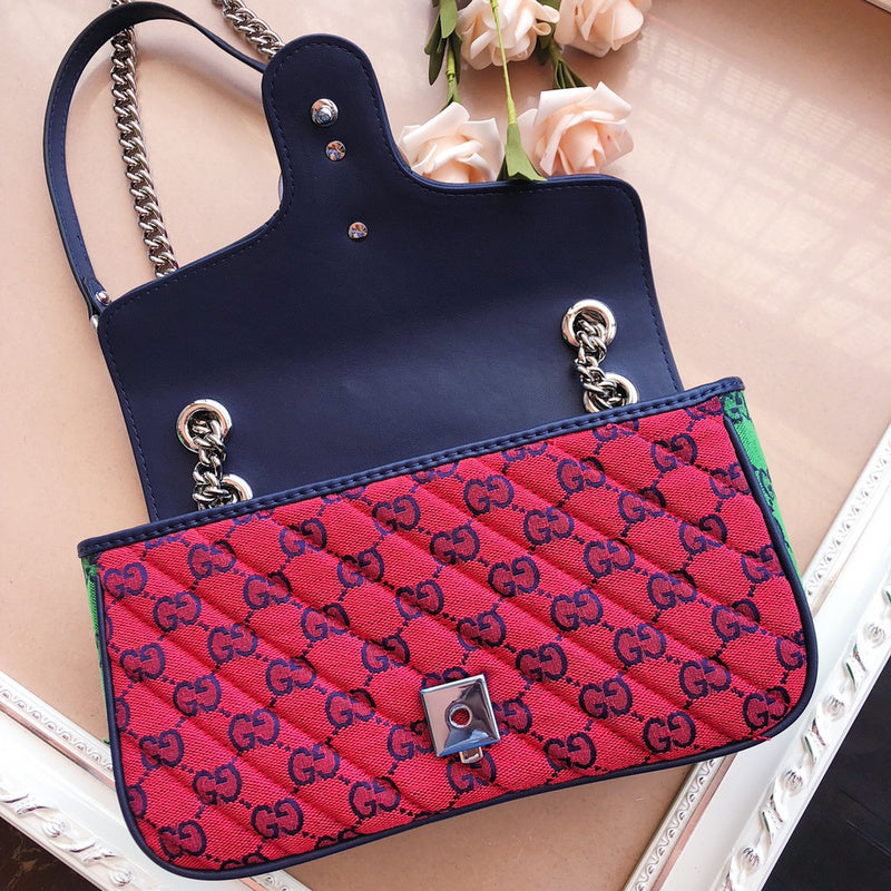 Gucci GG Marmont Small Shoulder Bag – Multicolour Quilted GG Canvas Pink Red Yellow Green