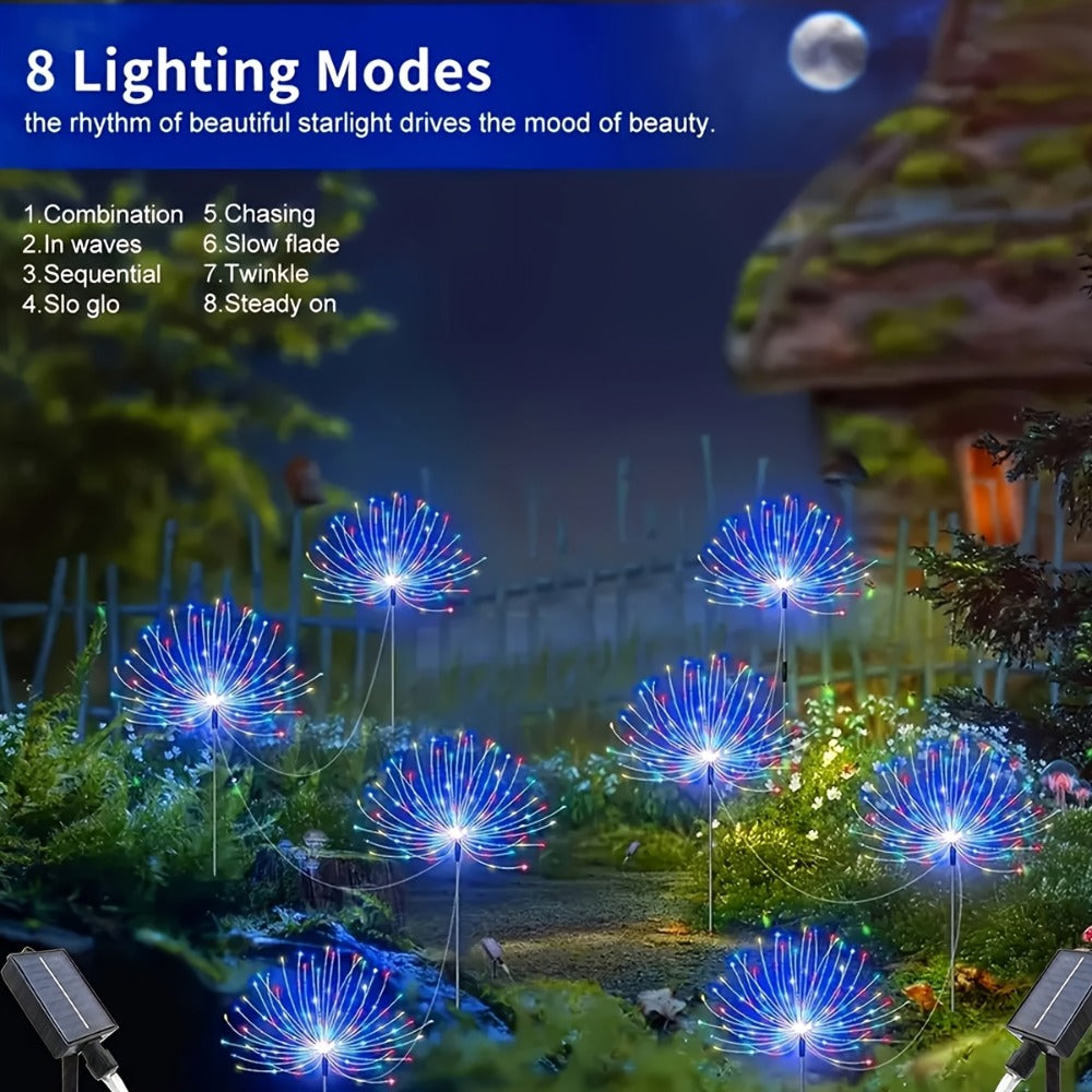 Solar Garden Lights, Four-Pack Firework-Style Outdoor Stakes with Eight Modes and Multicolor LEDs