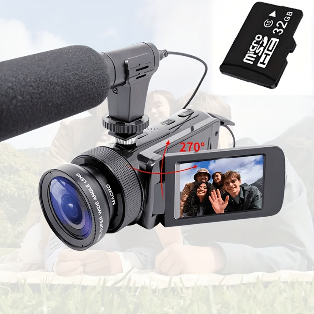 Digital Video Camera HD 1080P for Family with Flip Screen & External Microphone, 16MP 16X Zoom Compact Camcorder