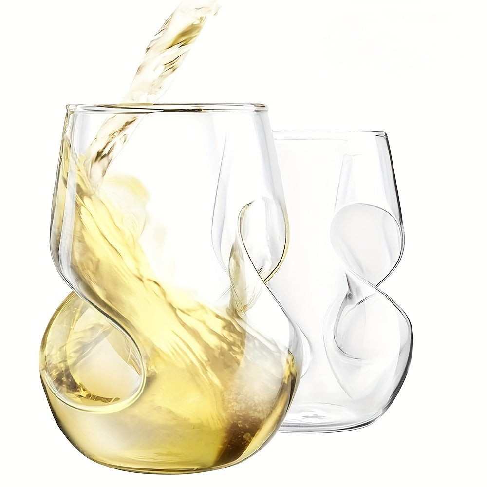 Curved Stemless Drinking Glasses, Two-Piece Clear Set with Sculpted Side Grips and 4.72-Inch Height