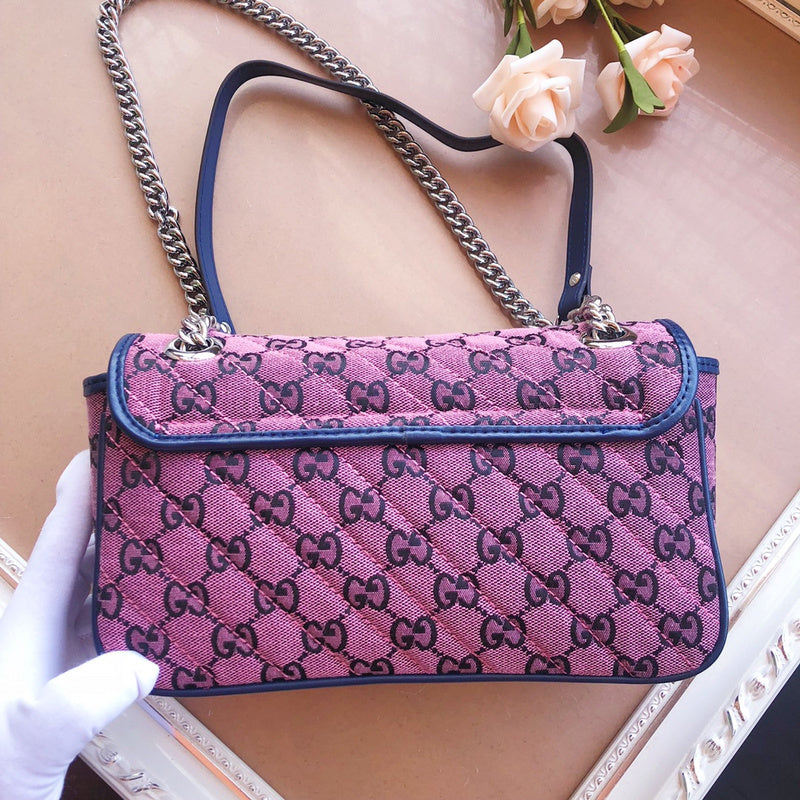 Gucci GG Marmont Small Shoulder Bag – Quilted GG Canvas Pink Purple & Green Navy