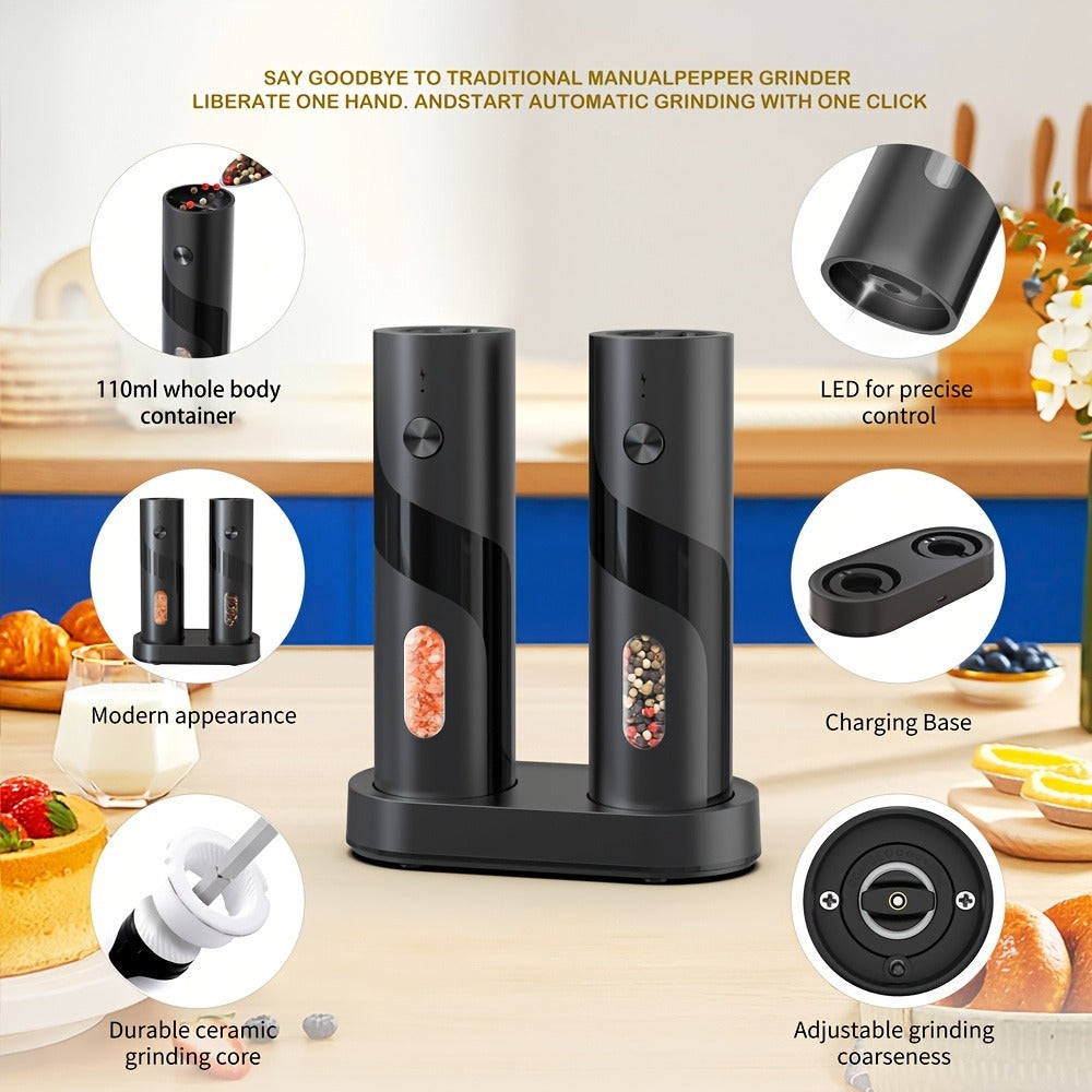 Electric Salt and Pepper Grinder Set with LED Light & Gravity Sensor, USB Rechargeable, Top-Fill