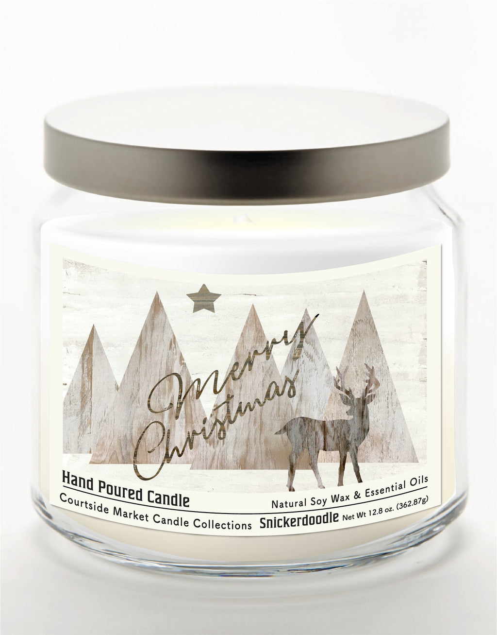 Merry Christmas Deer 12.8 Oz Candle Glass Jar with Brushed Silver Metal Lid